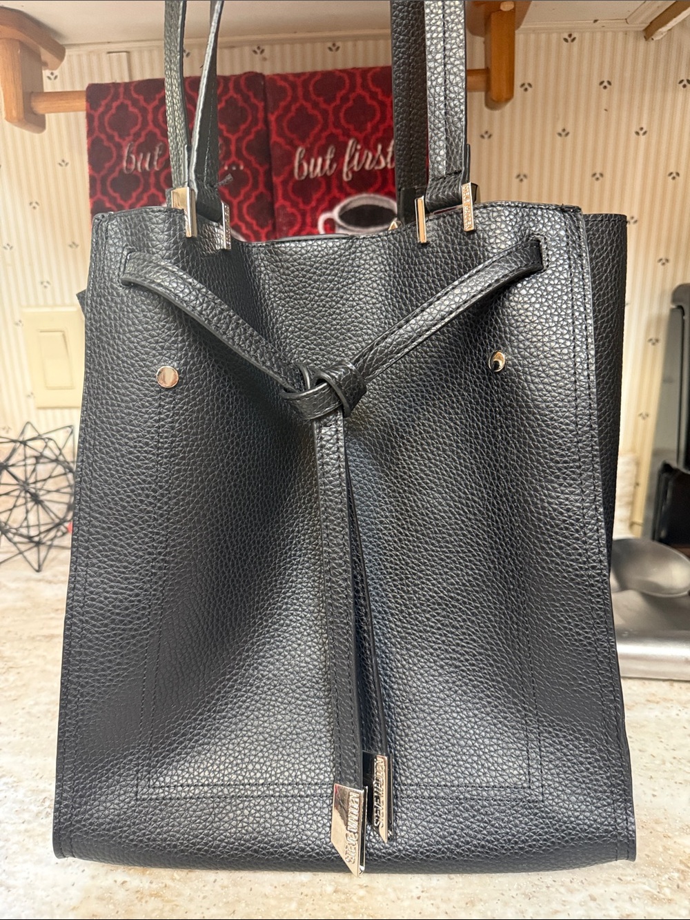 Steve Madden Black Pebbled Tote Bag with Drawstring